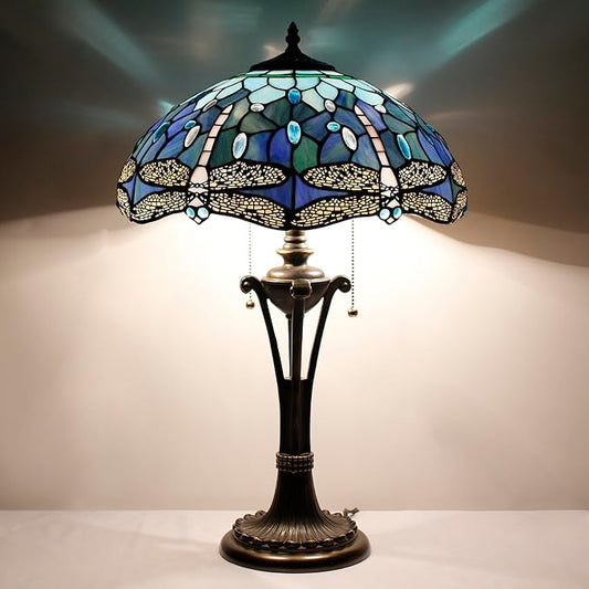 Tiffany Table Lamp Blue Stained Glass Desk Lamp 16X16X24 Inches Dragonfly Style Reading Light