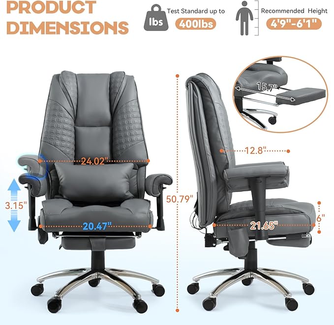 Massage & Heating Office Chair with Foot Rest, Ergonomic Executive Office Chair with Reclining Backrest, Adjustable Arms and Lumbar Support, High Back Leather Desk Chairs for Home Office, Gray