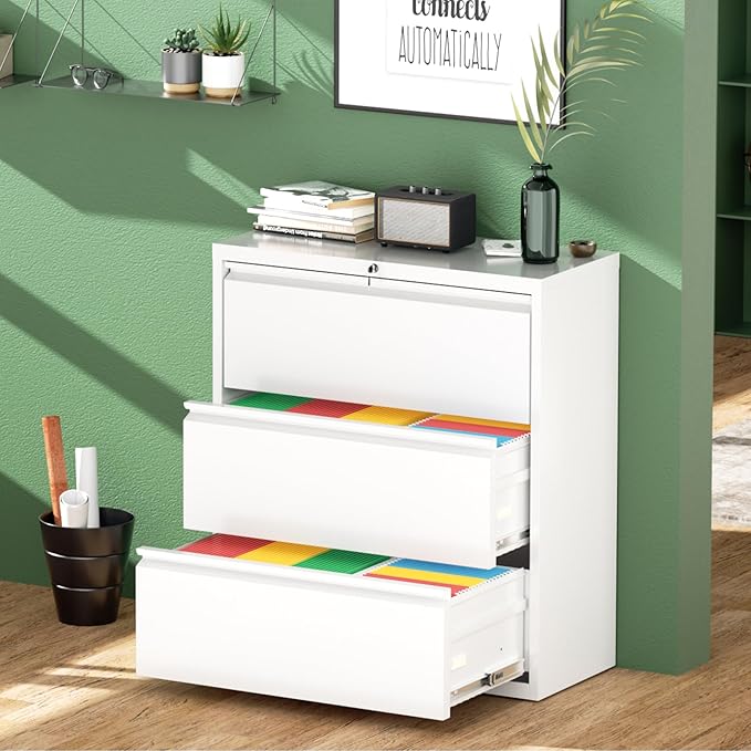 Greenvelly 3 Drawer Filing Cabinet, White Lateral File Cabinet with Lock, Lockable Metal File Cabinet for Home Office, Office File Cabinets for Legal/Letter/A4/F4 Size