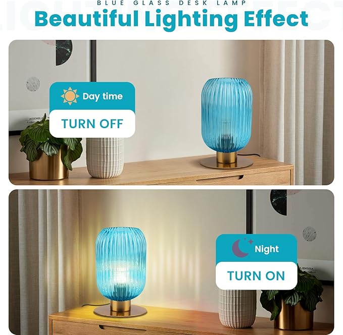Small Table Lamp for Bedroom, Blue Bedside Lamp Mini Nightstand Lamp with On/Off Switch, Elegant Ribbed Glass Table Lamp Mid Century Bedside Table Lamp Gold Desk Lamp for Living Room Office