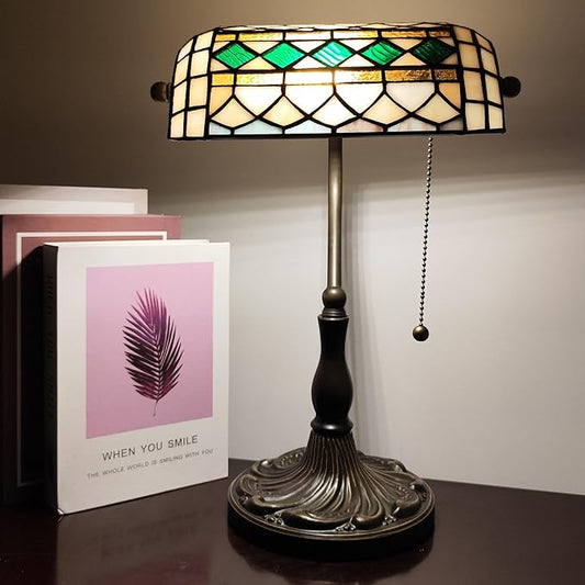 Small Tiffany Style Banker Table Lamp Small Stained Glass Piano Desk Lamp Vintage Bedside Lamp for Home Living Room Office (White-Green Checkered)