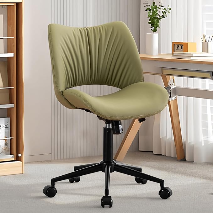 Rowill Armless Office Desk Chair, Ergonomic PU Leather Modern Task Chair with Back Adjustable Height, 360° Swivel Vanity Chairs with Wheels for Small Space, Home Office, Bedroom, Avocado Green