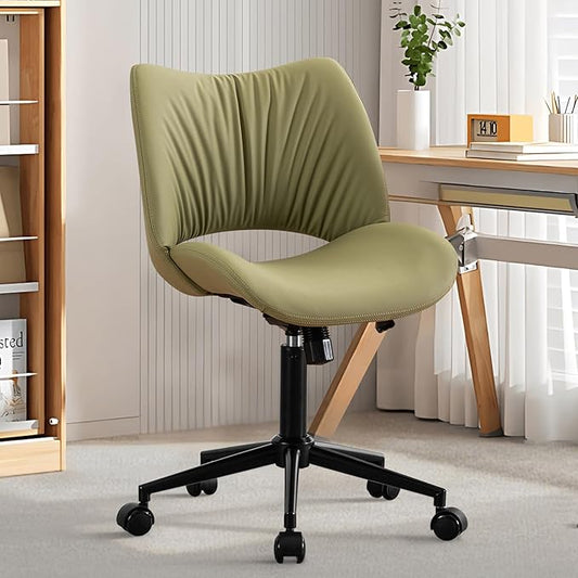 Rowill Armless Office Desk Chair, Ergonomic PU Leather Modern Task Chair with Back Adjustable Height, 360° Swivel Vanity Chairs with Wheels for Small Space, Home Office, Bedroom, Avocado Green