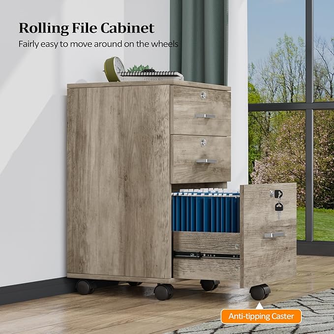 VINGLI 3-Drawer File Cabinet with Lock, Wood Rolling Under Desk File Cabinets for Home Office, Mobile Printer Stand & Filing Organizer for Letter Sized Files, 26" H(Caster Included), Rustic Gray