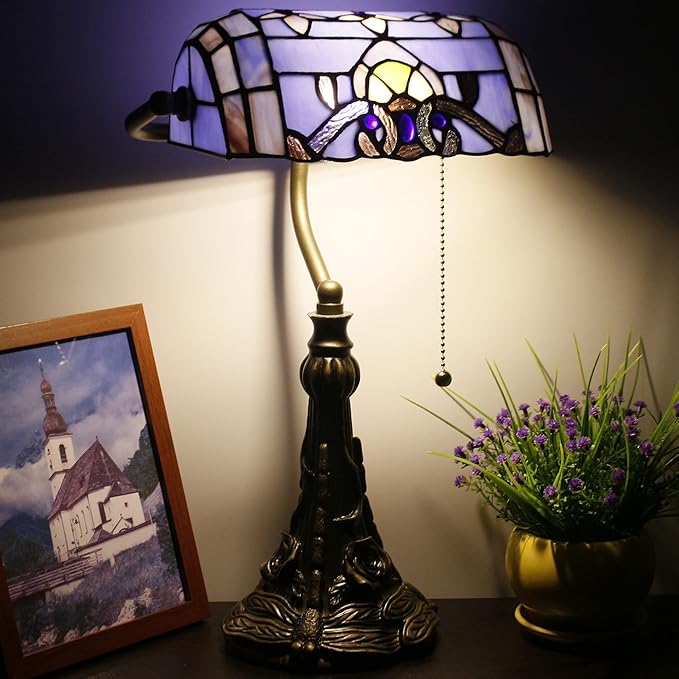 Tiffany Banker Lamp Small Stained Glass Table Lamp Tiffany Style Piano Light Blue Baroque Style Desk Lamp Angle Adjustable 10.6X15.7 Inch for Home Office Living Room Bedroom
