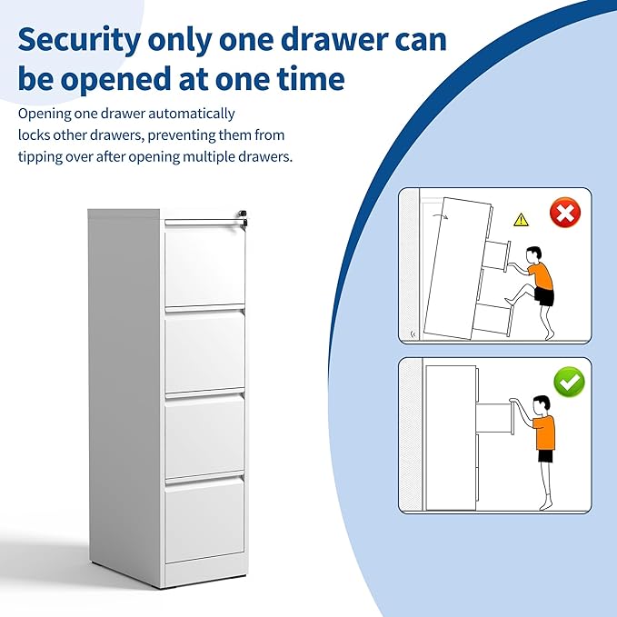 4-Drawer Locking Vertical File Cabinet, Metal Storage Cabinet for Office/Home – Secure Vertical Filing for Letter/Legal/A4/F4 Documents, Easy to Assemble Steel Cabinet (White, 4 Drawer-52 H)