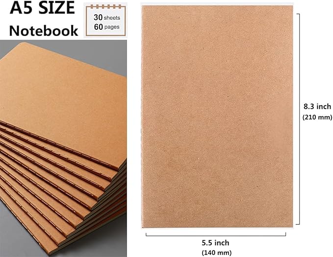 12 Pack A5 Lines Notebook Bulk Kraft Cover College Ruled, Lined Paper Travel Journals Composition Diary Subject Notebooks Planner, 60 Pages, 8.3”x 5.5”
