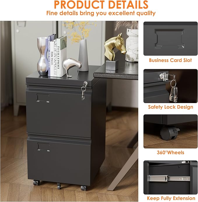 2 Drawers Metal File Cabinet with Lock, Under Desk Mobile Filing Storage Cabinet with Business Card Slot for Letter/Legal/F4/A4 Size Folders,Required Assembly,14.57"W x 17.36"D x 25.79"H,Black