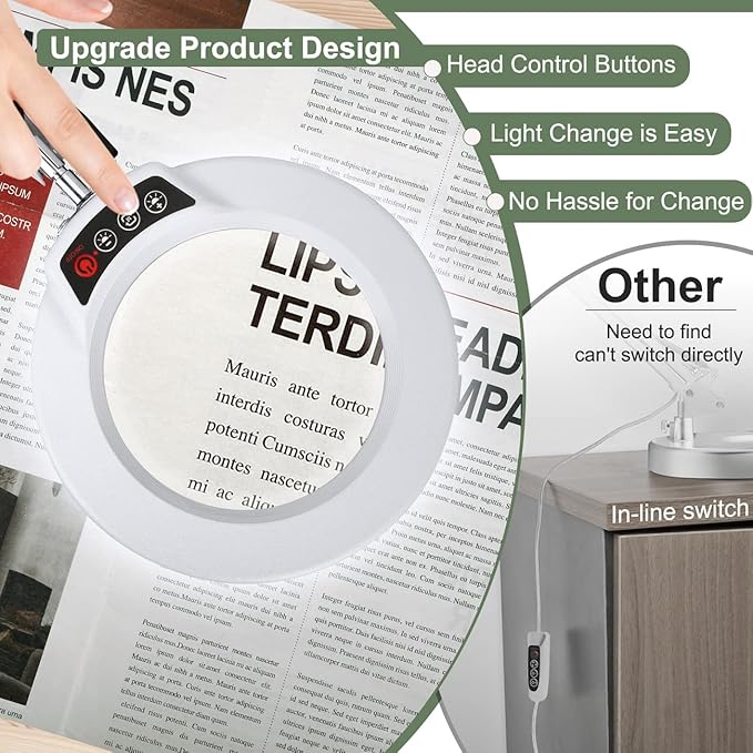 10X Magnifying Glass with Light and Stand, Upgrade Button 5 Color Modes Stepless Dimmable, 2-in-1 LED Lighted Magnifier Light, Hands Free Desk Lamp with Clamp for Craft Hobby Close Work - White