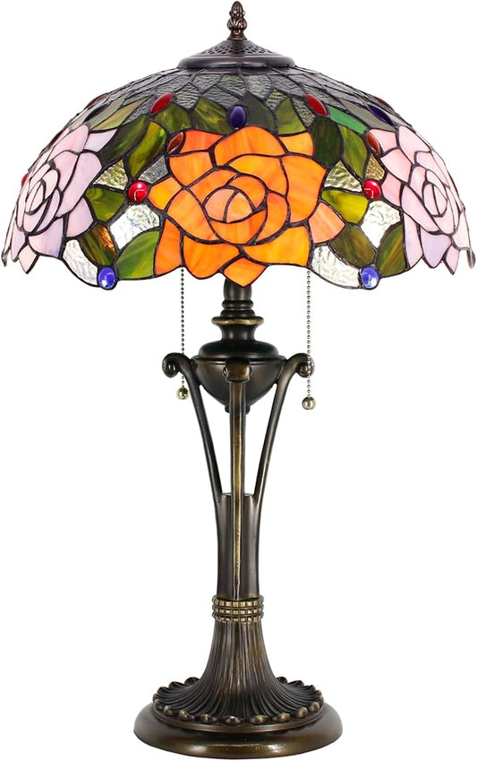 Tiffany Table Lamp Orange Purple Stained Glass Desk Lamp 16X16X24 Inches Rose Flower Style Reading Light