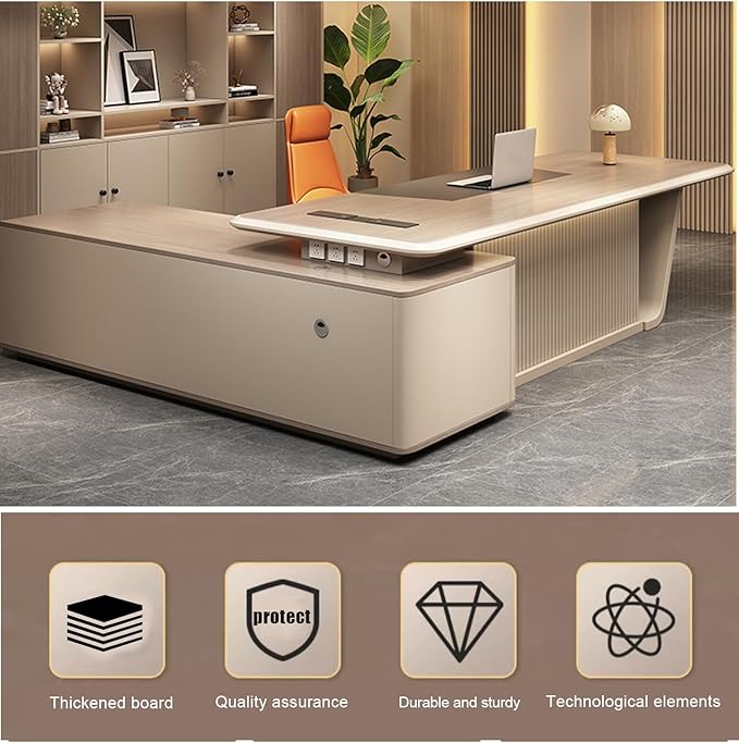 102IN Executive Desk with Drawers - L-Shaped Executive Desk with Large-Capacity Storage & Grille Baffle Design & Wide Desktop & Round Table Corners