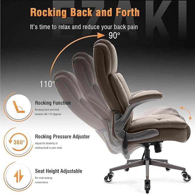 Large High Back Office Chair - Adjustable Lumbar Support Flip Up Arms Heavy Duty Quiet Wheels Metal Base Breathable Bonded Leather Ergonomic Executive Computer Desk Chair with Storage Bags, Khaki