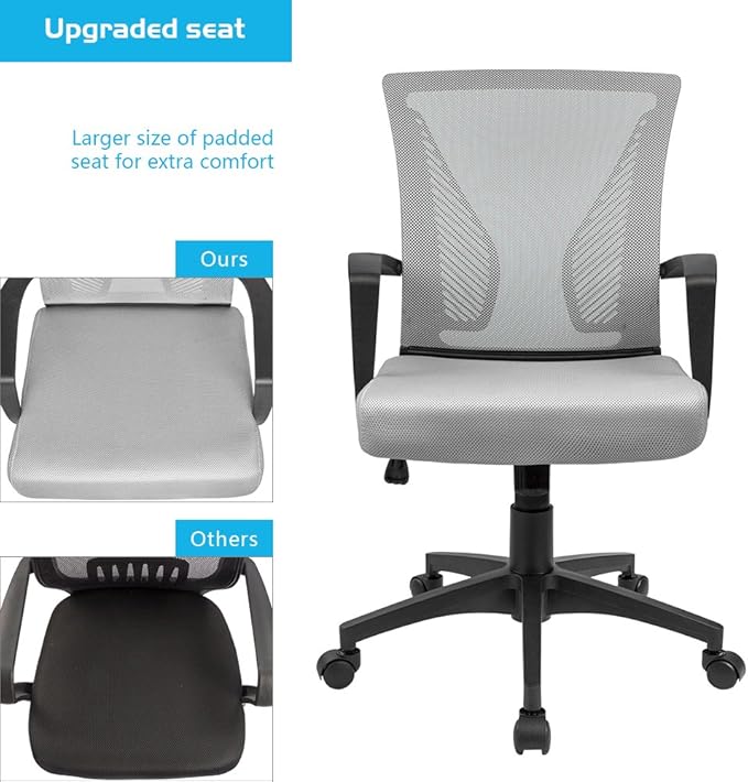 Furmax Office Chair Ergonomic Computer Desk Mesh Chair Mid Back Swivel Lumbar Support with Armrest (1, Gray)