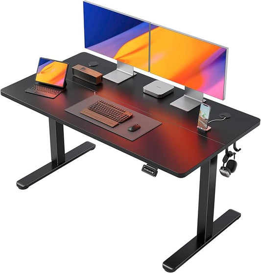 FEZIBO 55 x 24 Inchs Electric Standing Desk, Height Adjustable, Sit Stand Up, Computer Office Desk with Splice Board, Black Frame/Black Top