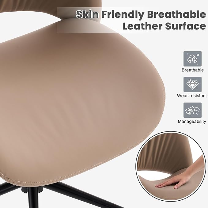 Rowill Armless Office Desk Chair, Ergonomic PU Leather Modern Task Chair with Back Adjustable Height, 360° Swivel Vanity Chairs with Wheels for Small Space, Home Office, Bedroom, Khaki