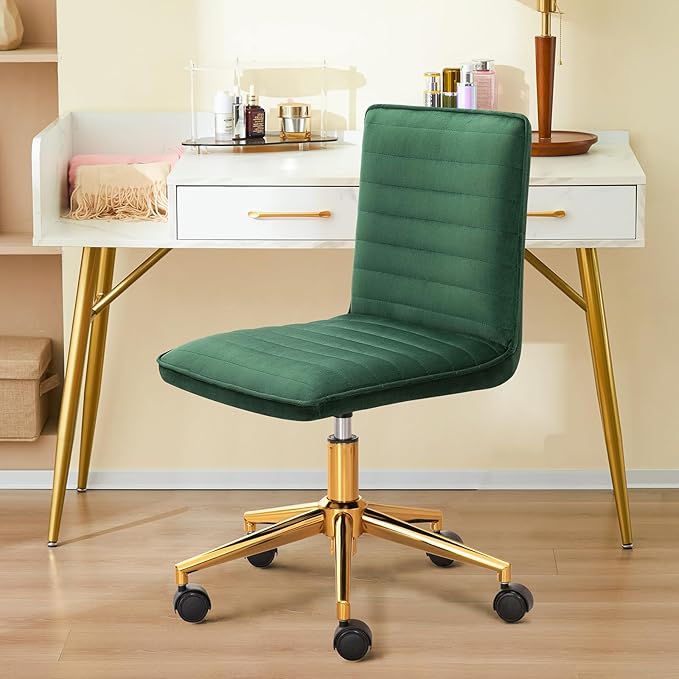 Furnimart Velvet Home Office Armless Desk Chair Adjustable Task Chairs Small Swivel Upholstered Office Chair Students Desk Chair Mid-Back Home Office Chair Dorm Chair (Velvet-DarkGreen)