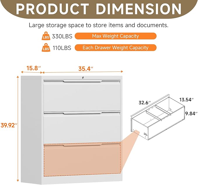Coolsun Lateral File Cabinet, 3 Drawer File Cabinet with Lock, Wide Filing Cabinet for Home Office, Metal Locking Cabinet for Hanging A4/F4/Letter/Legal, Assembly Required (White, 3 Drawer)