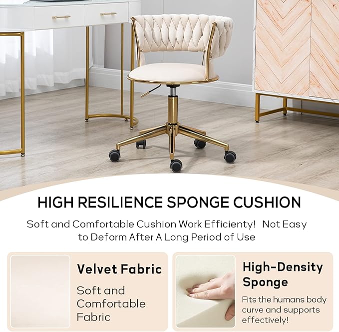 NIOIIKIT Velvet Office Desk Chair with Hand Woven Backrest, 360° Swivel & Height Adjustable Task Chairs, Makeup Chair, Living Room Chairs with Stainless Base and 5 Wheels (Ivory)