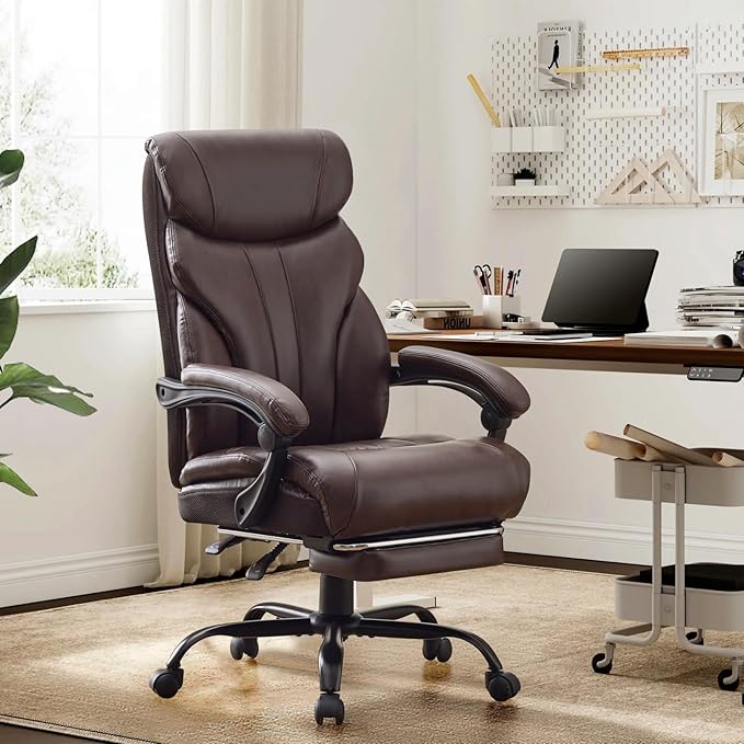 Leather Home Office Chair with Foot Rest,500lbs Big and Tall Ergonomic Desk Chair,360°Swivel Free,90°-155°Recline,43"- 47" Height Adjustable,Silent 360° Casters for Home Office Computer Desk