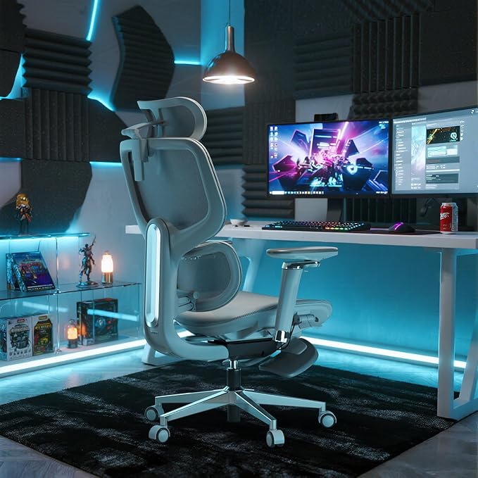 D2 PRO Ergonomic Home Office Chair with Self-Adaptive Lumbar Support,Desk Chair with Multi-Adjustable Armrest,Mesh Office Chair with 3D Headrest and Footrest (Grey)