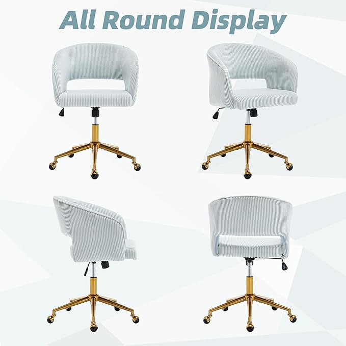 ABET Desk Chair with Wheels, Corduroy Home Office Chair, Swivel Armchair Gold Base, Upholstered Modern Accent Chairs, Back Incline Adjustable for Living Room Bedroom Vanity, Light Blue