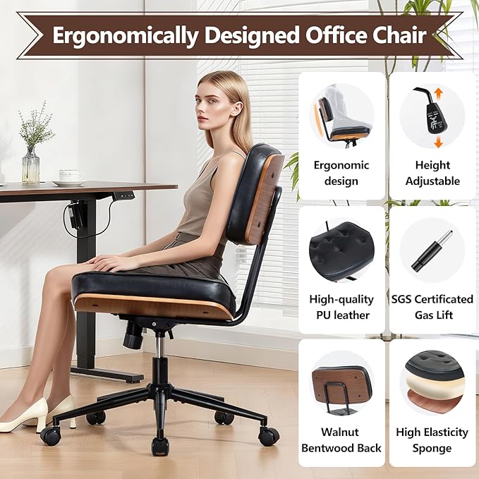 Armless Computer Chair, Small Desk Chair with Wheels and Adjustable Height, PU Leather Modern Swivel Walnut Task Chair for Home Office, Study, Library (Armle, Black)