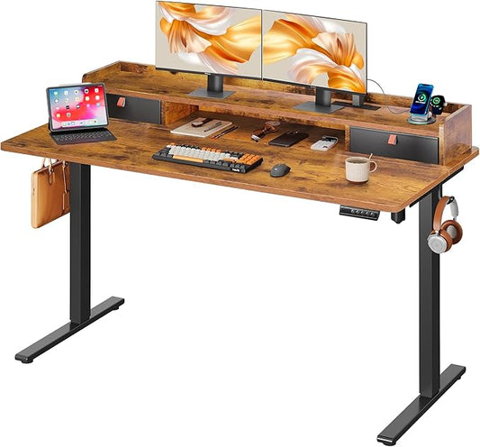 DEVAISE 55×28 Inch Electric Standing Desk with Drawers, Computer Desk with 3 Adjustable Height, Storage Shelf, Built-in USB Outlets and Memory Preset, Sit to Stand Desk for Home Office, Rustic Brown