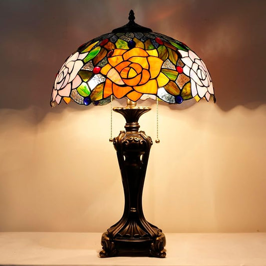 Tiffany Stained Glass Table Lamp 16X16X24 Inch Purple Orange Rose Flower Style Desk Bedroom Living Room Antique Reading Light (Purple Orange Rose)