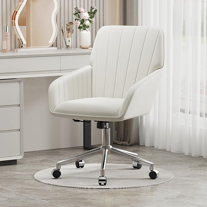 YISHENG Velvet Office Desk Chair with Silver Base, with Wheels,Modern Height Adjustable 360 Degree Swivel Upholstered Vanity Chairs with Arms for Living Room Bedroom,Cream
