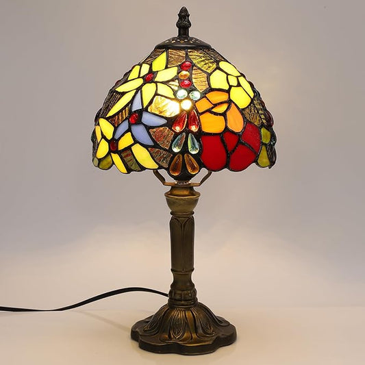 Tiffany Small Table Lamp 3 Color Temperatures Rose and Beads Stained Glass Bedside Nightstand Table Lamps for Bedroom,Living Room,Home Office Reading Desk Lamp+LED Bulb 8X8X15 Inch
