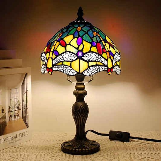 Small Tiffany Lamp Stained Glass Table Lamp Mini Desk Accent Light for Bedroom Bedside Reading Home Antique Style Decor 8X15 Inches (Blue Yellow)