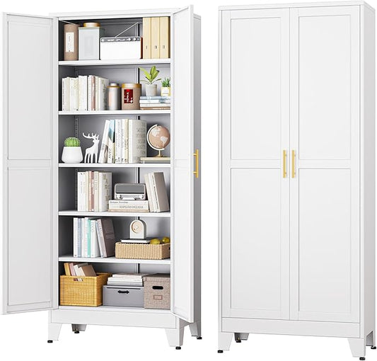 White Metal Storage Cabinet,75" Steel Cabinets for Home Office, Kitchen Pantry Storage Cabinet with Doors and 5 Adjustable Shelves, Tool Cabinets, for Office, Home, Garage, School