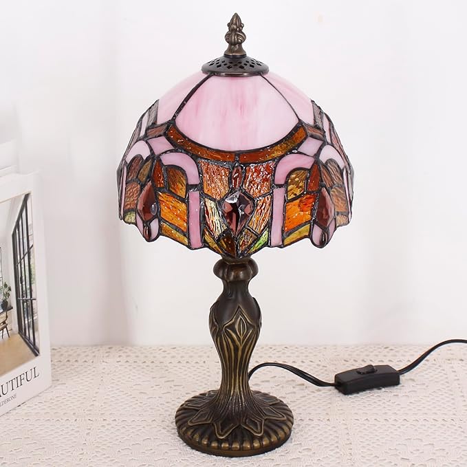 Small Tiffany Lamp Stained Glass Table Lamp Mini Desk Accent Light for Bedroom Bedside Reading Home Antique Style Decor 8X15 Inches (Pink Jewelry)