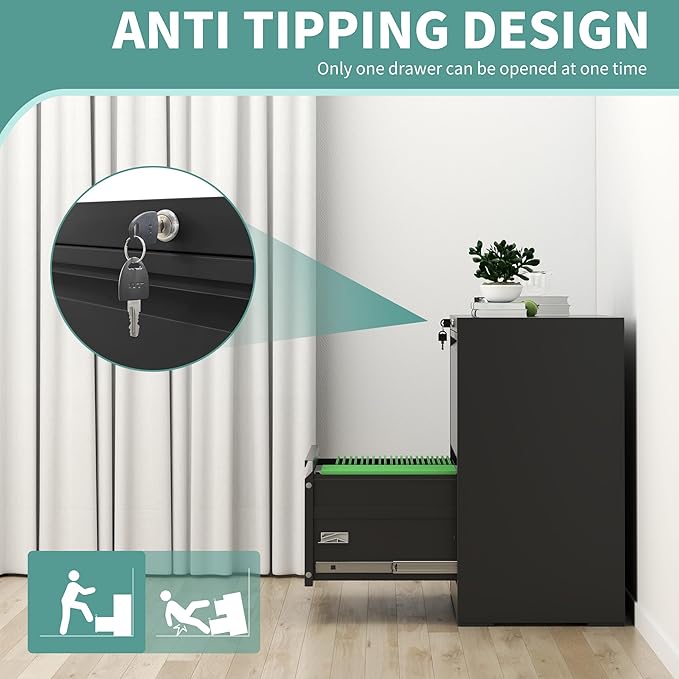 AQY 2 Drawer File Cabinet with Lock,Metal Lateral File Cabinets for Home Office,Steel Wide Filing Organization Storage Cabinets for Hanging Files Letter/Legal/F4/A4 Size,Assembly Required(Black)