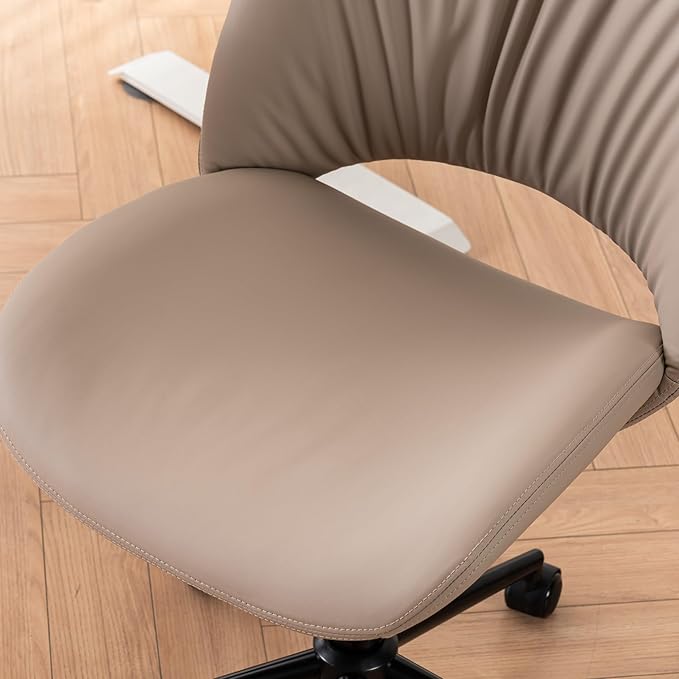 Rowill Armless Office Desk Chair, Ergonomic PU Leather Modern Task Chair with Back Adjustable Height, 360° Swivel Vanity Chairs with Wheels for Small Space, Home Office, Bedroom, Khaki