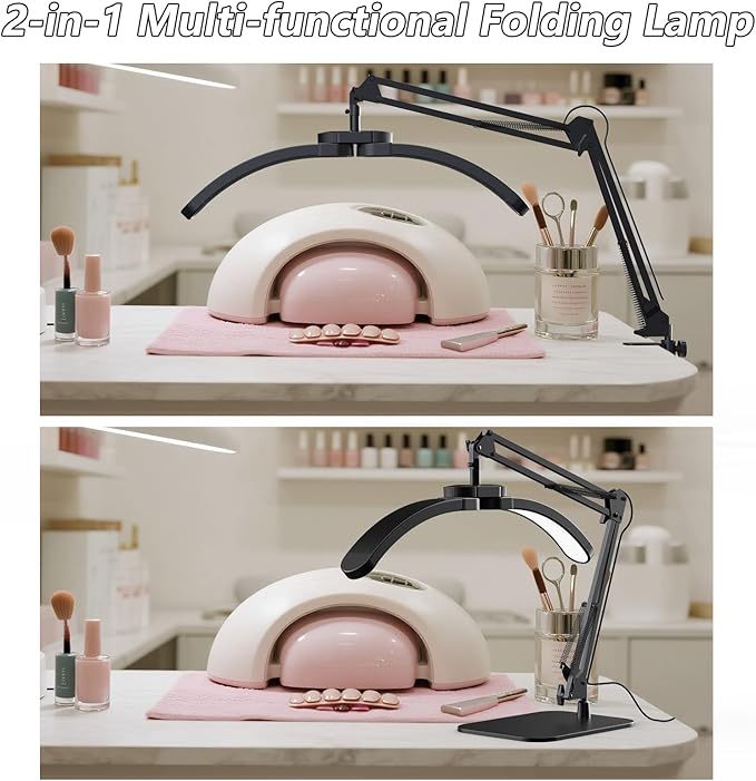 Half Moon Light for Nail Desk, 2-in-1 Foldable Half Moon Desk Lamp, Arch Nail Tech Light with 3 Color Modes & 10 Brightness for Eyelash Beauty, Tattoo, 3000K-6500K - Black