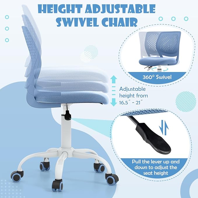 POWERSTONE Small Desk Chair with Wheels Home Office Chair Mid Back Armless Computer Task Chair Adjustable Swivel Rolling Chair for Small Space Blue