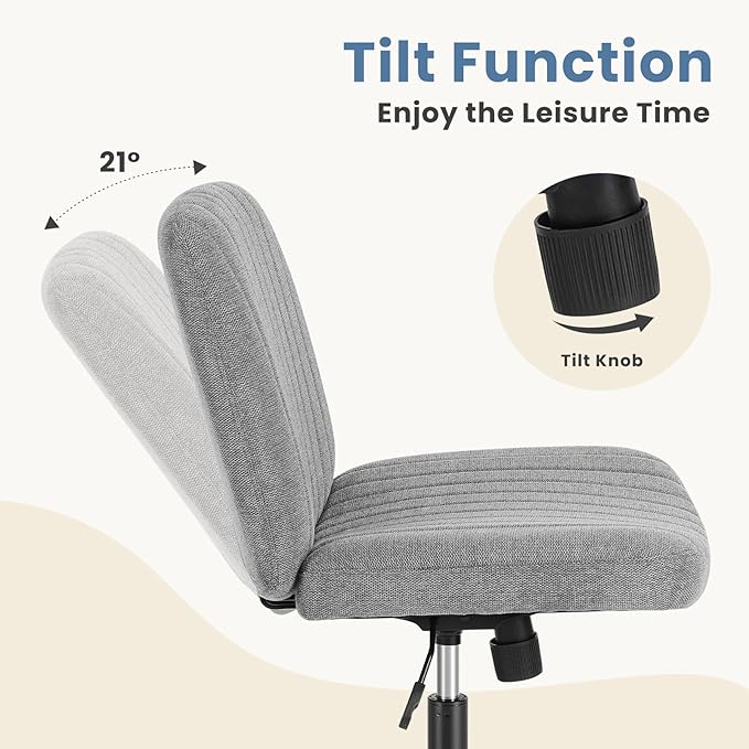 DUMOS Criss Cross Legged Office Chair, Armless Wide Seat No Wheels, Modern Home Desk Seating Swivel Height Adjustable Fabric Vanity for Bedroom