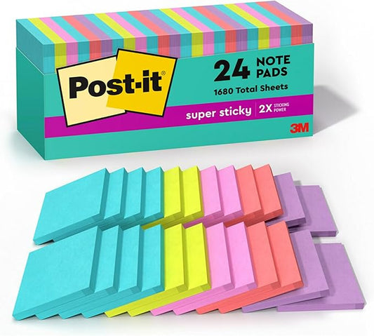 Post-it Super Sticky Notes, 24 Sticky Note Pads, 3 x 3 in., School Supplies, Office Products, 2X The Sticking Power, Supernova Neons Collection