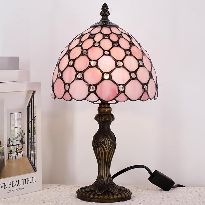 Small Tiffany Lamp Stained Glass Table Lamp Mini Desk Accent Light for Bedroom Bedside Reading Home Antique Style Decor 8X15 Inches (Pink)