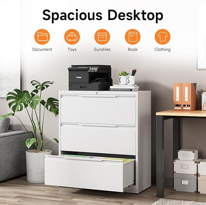 Coolsun Lateral File Cabinet, 3 Drawer File Cabinet with Lock, Wide Filing Cabinet for Home Office, Metal Locking Cabinet for Hanging A4/F4/Letter/Legal, Assembly Required (White, 3 Drawer)