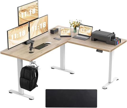 farexon 63x55 Inch L Shaped Standing Desk, Electric Adjustable Height Stand Up Desk, Corner sit Stand Desk with 39x18 in Mouse Pad, Hook, Home Office Writing Gaming Computer Workstation, Oak Grey