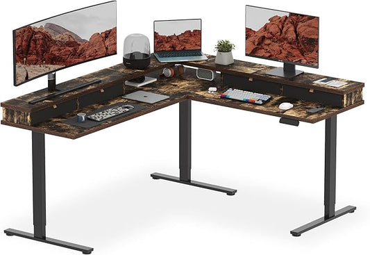 SANODESK 71" L Shaped Standing Desk with 4 Drawers, Height Adjustable Stand up Desk, Corner Gaming Desk with Monitor Stand, Black Frame/Rustic Brown Top