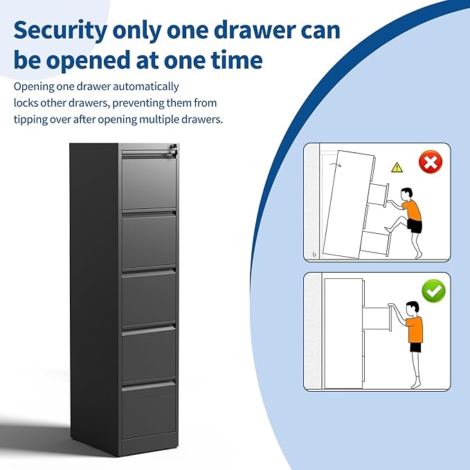 5-Drawer Locking Vertical File Cabinet, Metal Storage Cabinet for Office/Home – Secure Vertical Filing for Letter/Legal/A4/F4 Documents, Easy to Assemble Steel Cabinet (Black, 5 Drawer-64 H)