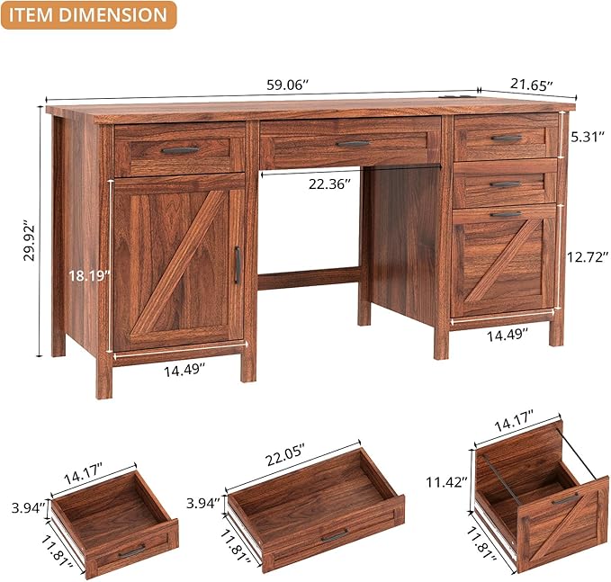 VOWNER Executive Desk with File Drawer, Farmhouse Office Desk with Charging Station, Computer Desk Workstation for Home Office, Walnut