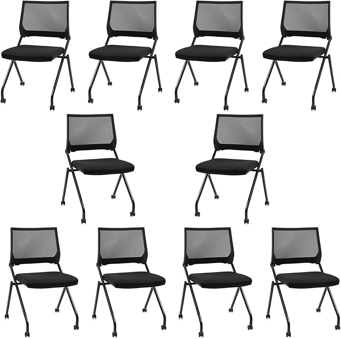 CLATINA Stackable & Foldable Waiting Room Chairs, Conference Room Chairs with Wheels & Lumbar Support, Ergonomic Mesh Bouncing Back Folding Chair for Office Meeting Schools Training, Black, 10PK