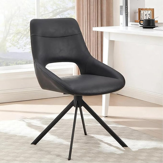Zesthouse Modern Desk Chair No Wheels, Swivel Vanity Chair with Hollow Back, Armless Home Office Chair for Girls Women, Black Faux Leather Computer Task Chair for Bedroom