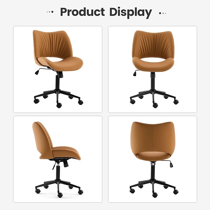 Rowill Armless Office Desk Chair, Ergonomic PU Leather Modern Task Chair with Back Adjustable Height, 360° Swivel Vanity Chairs with Wheels for Small Space, Home Office, Bedroom, Mustard Yellow