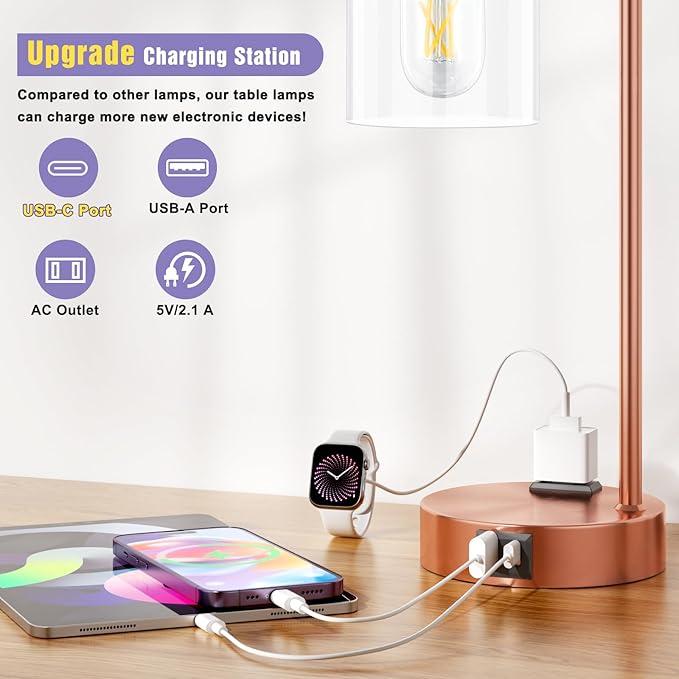 Innqoo Industrial Touch Table Lamps for Bedrooms Set of 2-3-Way Dimmable Lamps with USB C+A Ports and Outlet, Copper Bedside Lamps with Clear Glass Shade for Living Room, Desk Lamps for Home Office
