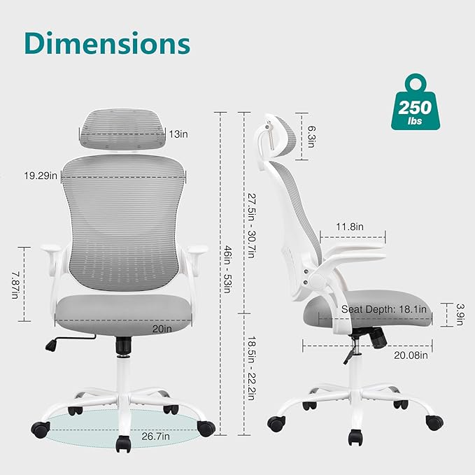 SMUG Office Chair Ergonomic Desk Lumbar Support, Computer Chairs Gaming Mesh with Wheels and Headrests, Flip-up Arm,Adjustable Position for Home, Work, Study, Grey